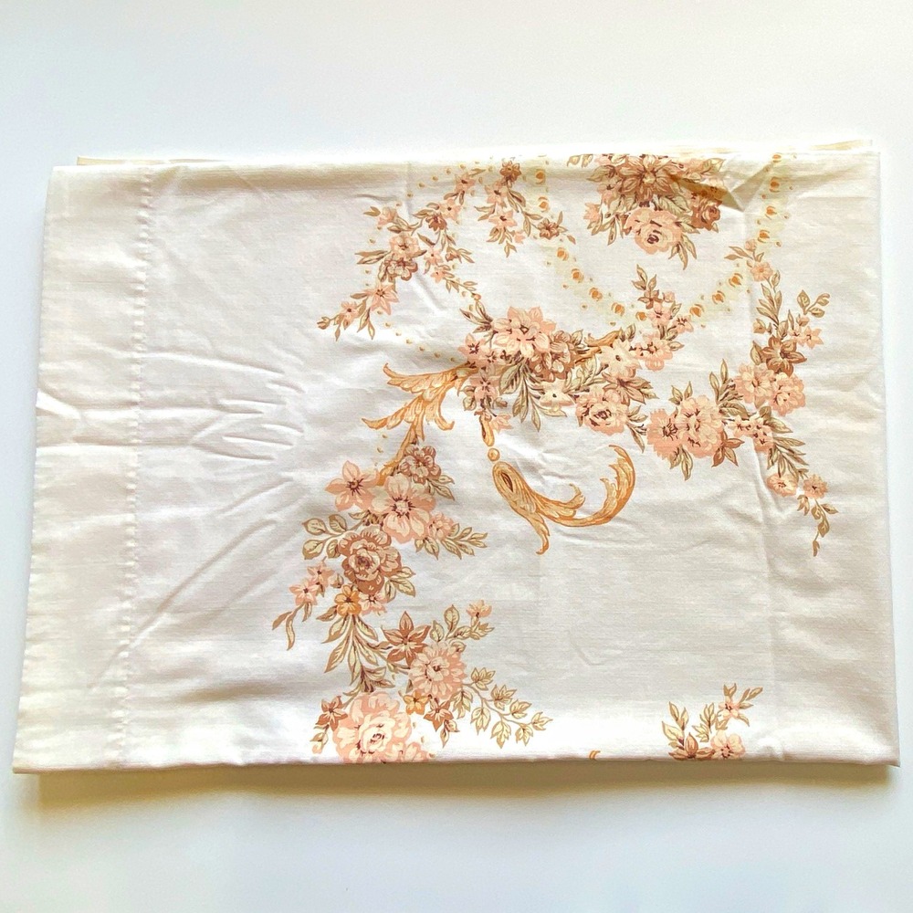 J. P. Stevens Vintage Twin Flat Sheet Floral Cotton Beige Brown Pink 66 x 104
